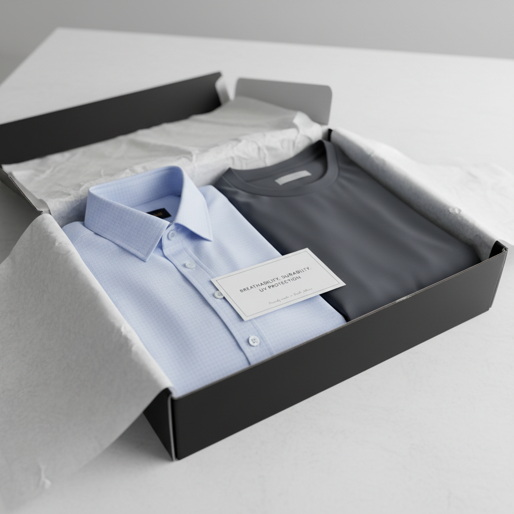 A pair of men’s shirts—one crisp button-up and one casual T-shirt—folded side by side inside an open, matte-black shipping box lined with white tissue paper, ready for delivery across South Africa. The button-up is a light sky blue with a subtle check pattern and structured collar, while the T-shirt is a rich charcoal with a smooth, stretchy finish. A small branded card emphasizing breathability, durability, and UV protection rests on top. Soft, overhead studio lighting casts gentle shadows within the box and creates a professional, e-commerce-ready presentation. The background is a clean white tabletop with a slight texture, photographed from a slightly elevated angle in photographic realism, conveying reliability, efficiency, and premium service.