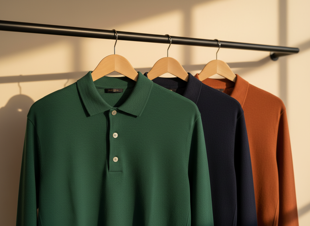 A row of men’s polo shirts on minimalist wooden hangers, evenly spaced along a sleek black metal rail set against a light sand-colored wall, evoking a contemporary South African showroom. The polos display a variety of rich colours—forest green, deep navy, burnt orange—each with a structured collar and three-button placket, the knit fabric showing a fine pique texture that feels breathable and durable. Natural afternoon light from an unseen window to the right casts soft, directional highlights and long, gentle shadows along the wall. The depth of field is shallow, with the front polo in crisp focus and the others gradually blurring, creating a calm, aspirational mood. Photographic realism with a clean, modern aesthetic, perfect for a professional menswear brand.
